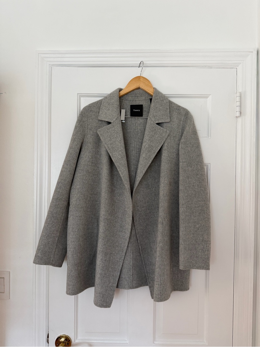 Theory Light Gray Wool-Blend Open Front Pea Coat
